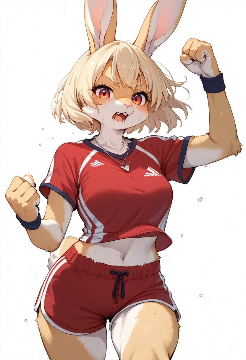score_9, score_8_up, score_7_up, score_6_up, score_5_up, score_4_up, source_anime, source_furry, best quality, masterpiece, 1 female, (anthropomorphic Rabbit, furry, kemono), female focus, solo, sportswear, blonde hair, open mouth, white background, short hair, simple background, shirt, clenched hand, red shirt, shorts, sweat, red shorts, necklace, jewelry, short sleeves, teeth