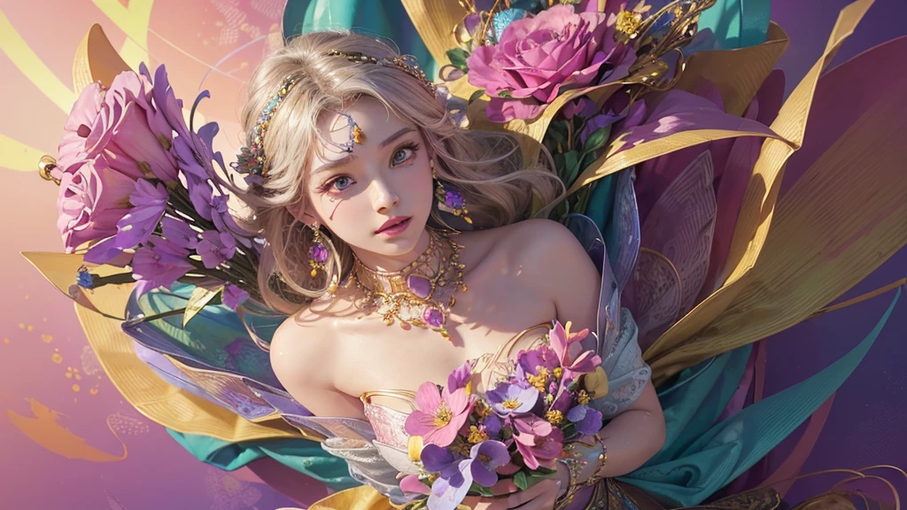 32K, 最高quality, 最高masterpiece, (ultra-Detailed Background, Detailed Background), High resolution, Super detailed, Very detailedな, 1 personの, (bouquet:1.3), (Tangled:1.2), (Geometric:1.2),(colorful),(masterpiece, quality, best quality, Official Art, Beautiful and beautiful:1.2), (1 person:1.3), Very detailed,(colorful:1.1)(Flowers:1.3),Most detailed,(Tangled:1.2), whole body, (Abstract background:1.3), (Skin glows), (Many colors:1.4), ,(Earrings Jewelry:1.5), Bright gradient background, Beautiful and sparkling background, It's imaginative., Flaxen Hair, Lustrous skin,