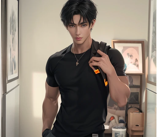 High quality, masterpiece, highly detailed, 8k, perfect face, perfect body, realistic, photogenic, man, Asian, young, black hair, short hair, handsome, detailed eyes, beautiful detailed nose, realistic body, realistic light, comfortable expressions, cute guy, sweat guy, cool guy, abs sixpack, model style, sexy clothes , full body, clean skin