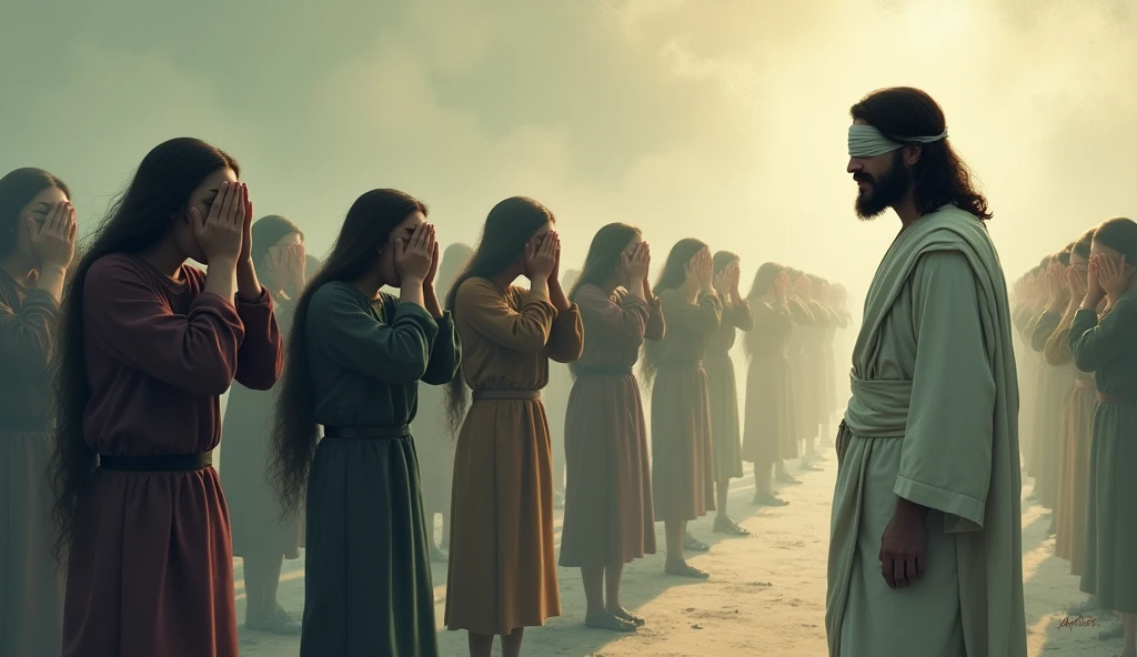 Jesus facing away speaking to a large crowd of people on a slope with lots of grass and some trees in the background