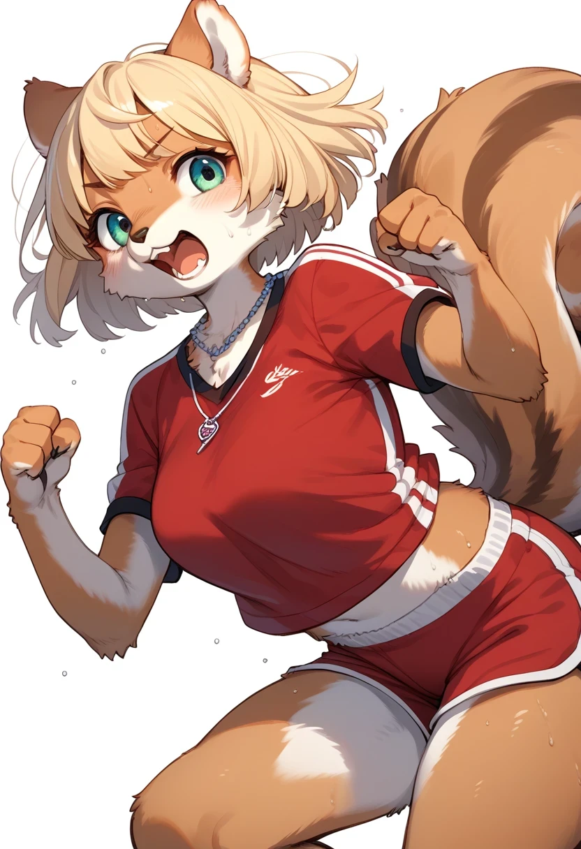 score_9, score_8_up, score_7_up, score_6_up, score_5_up, score_4_up, source_anime, source_furry, best quality, masterpiece, 1 female, (anthropomorphic squirrel, furry, kemono), female focus, solo, sportswear, blonde hair, open mouth, white background, short hair, simple background, shirt, clenched hand, red shirt, shorts, sweat, red shorts, necklace, jewelry, short sleeves, teeth