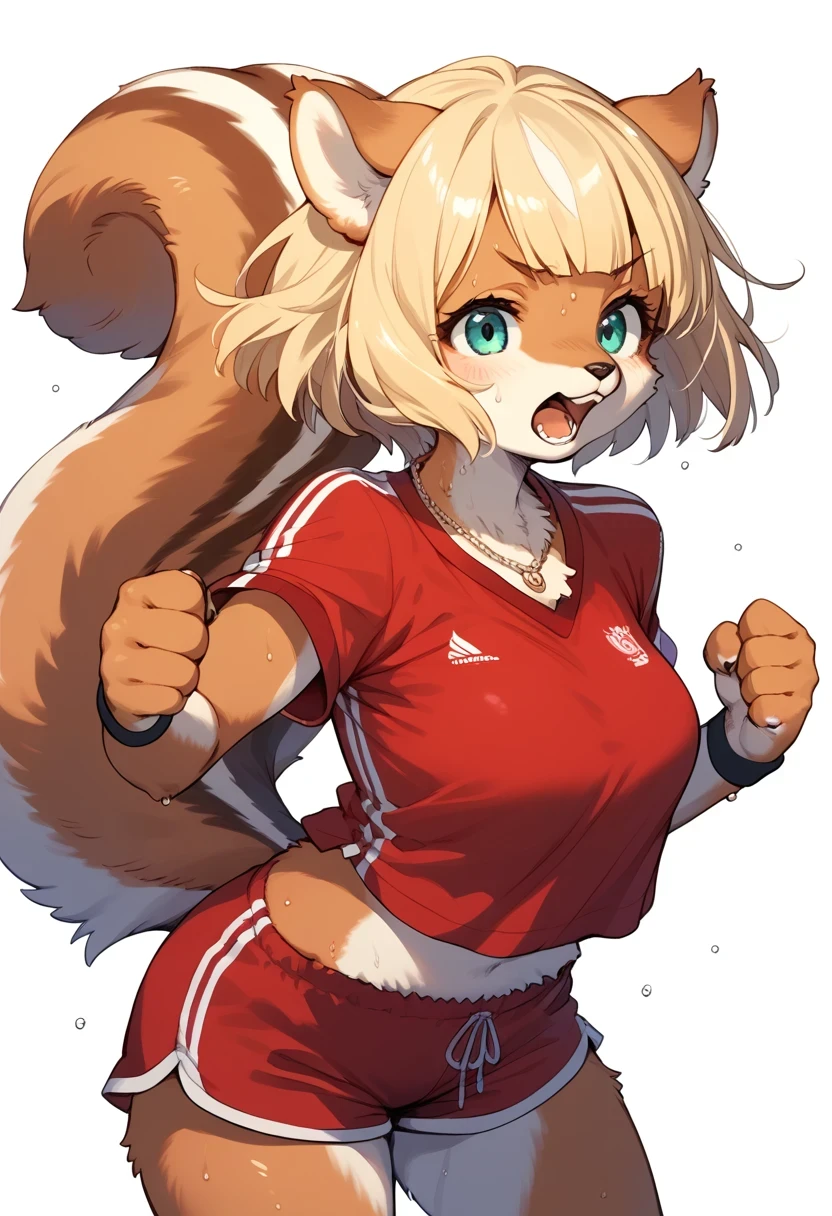 score_9, score_8_up, score_7_up, score_6_up, score_5_up, score_4_up, source_anime, source_furry, best quality, masterpiece, 1 female, (anthropomorphic squirrel, furry, kemono), female focus, solo, sportswear, blonde hair, open mouth, white background, short hair, simple background, shirt, clenched hand, red shirt, shorts, sweat, red shorts, necklace, jewelry, short sleeves, teeth