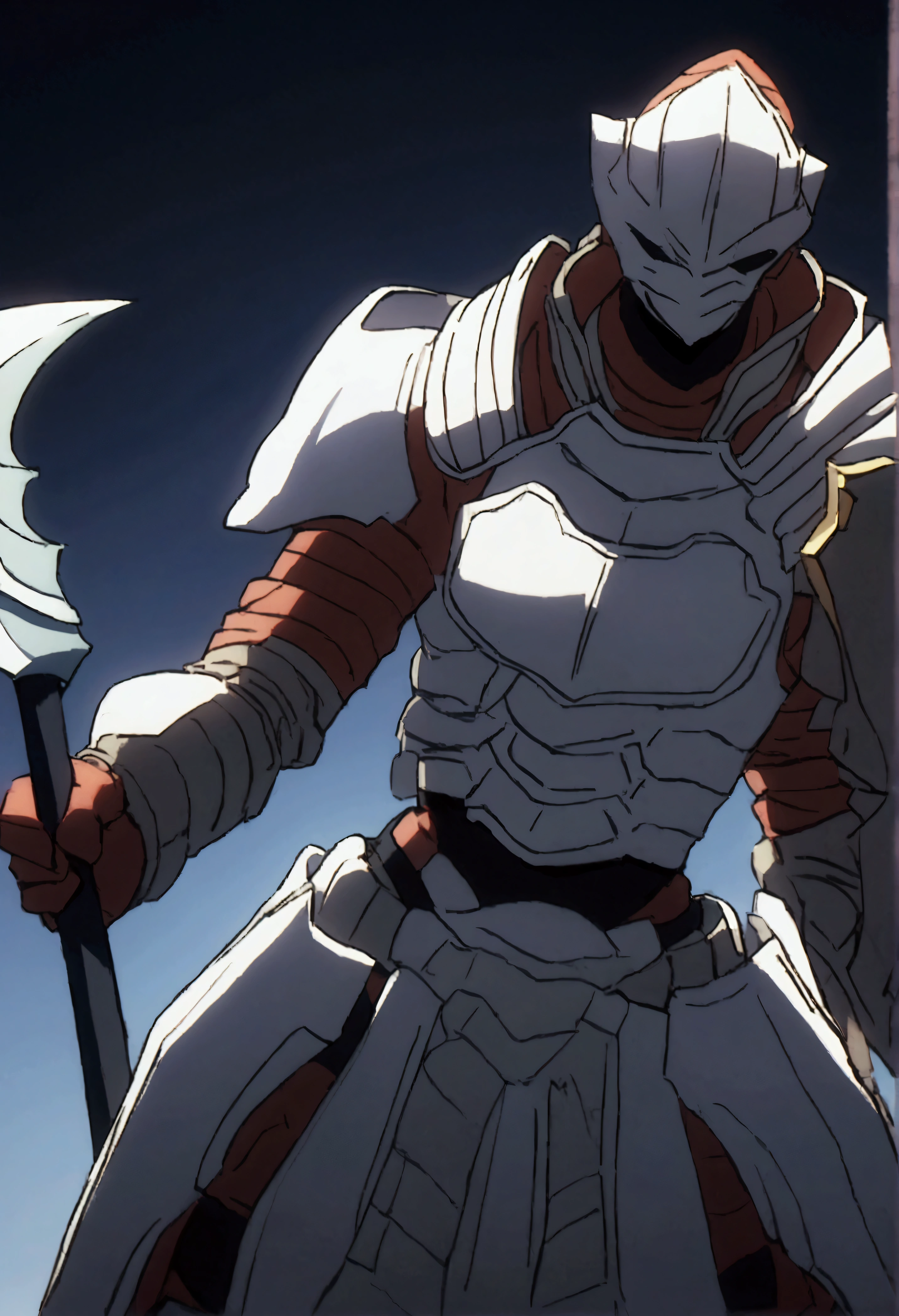 Red-skinned humanoid crocodile wearing white armor with a shield in one hand and a pickaxe in the other 