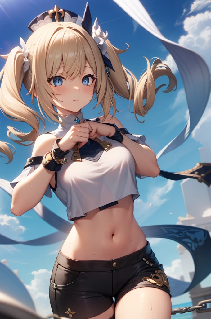 medium hair, Barbar（genshin_impact），a Curly Blonde Ponytails,
BREAK (crop top, navel, black shorts,exercise:1.2),
BREAK sexyなポーズ, perfect body, sexy, confused look, Hands in chains,, focus on armpits, Sweaty armpits, hairy armpits, fine armpits, super detailed, Bright colors,
BREAK (masterpiece:1.2), best quality, high resolution, unity 8k wallpaper, (illustration:0.8), (beautiful detailed eyes:1.6), extremely detailed face, perfect lighting, extremely detailed CG, (perfect hands, perfect anatomy),