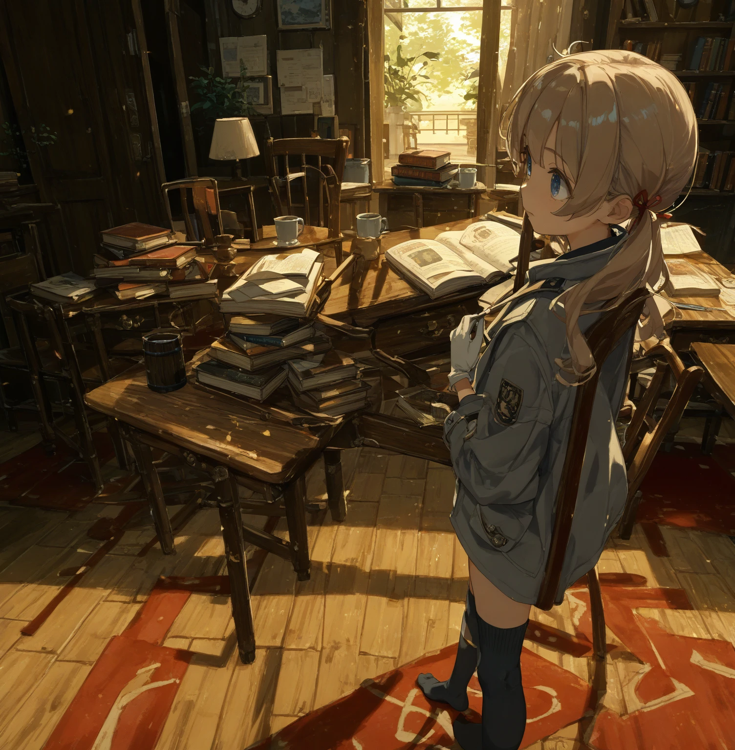 One woman、Beige Hair、Twin tails、Looking to the side、blue eyes、black and grey jacket、Black knee-high socks、has a book in his right hand、White gloves、The woman is standing、Antique furniture、Mug on desk、Wooden desk、Wooden chair、Red carpet