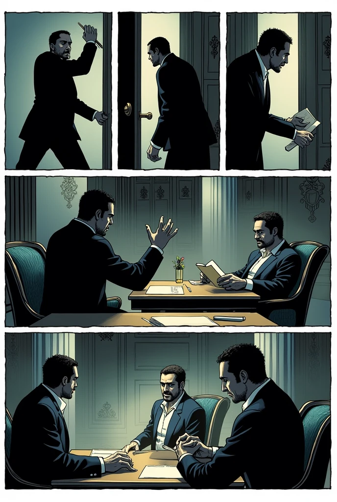 Make a comic strip with 6 scenes(6 viñetas) with a story, But you make up that story from the next scene. ( A thief with a knife in his hand looking ahead, A millionaire sitting with his back turned reading a book), make 6 small squares ( 3 up with the first 3 scenes, 3 down with the other 3 scenes).