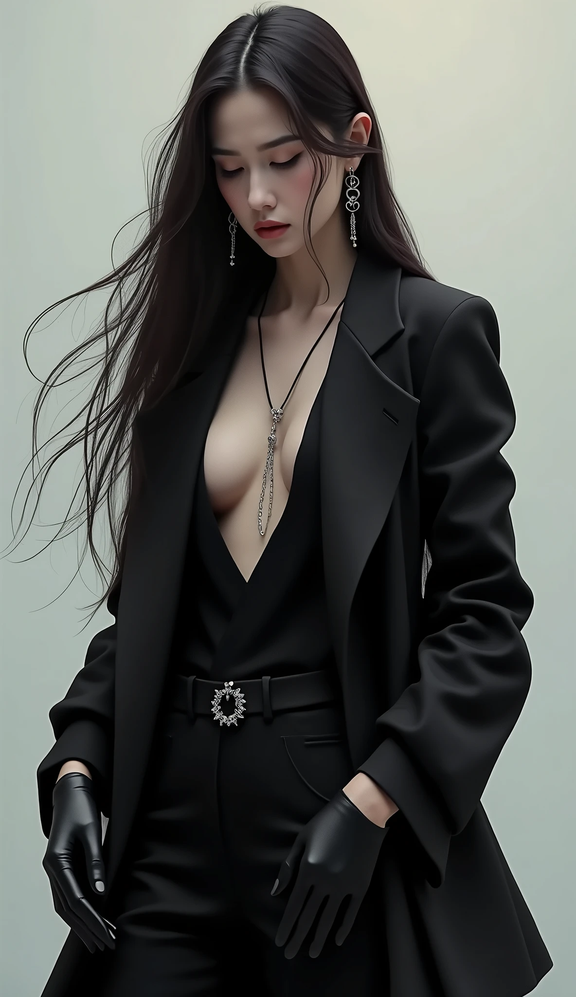 1 man, Sitting on the sofa, Hold your phone, Black Hair, black eyes, Red lips, Black suit, doubt, Tangle, masterpiece, best quality