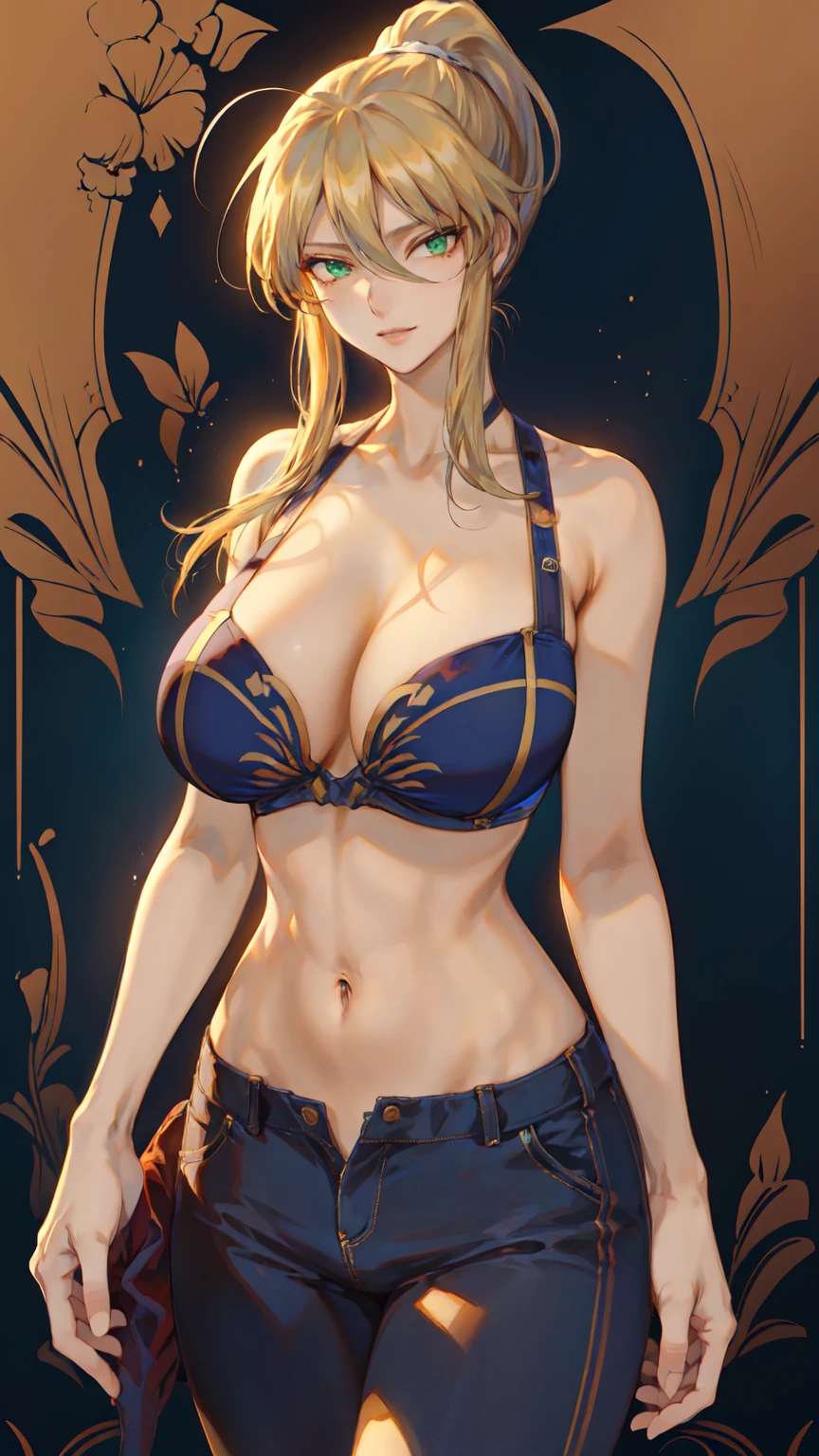 Artoria Lancer, Mature Woman, Cool woman, elegant, Blonde, (((Green Eyes, eyes in highlight:2, shiny eyes:1))), ((layered bikini, headband, short pants)), Portraiture, ((cowboy shot)), Curvaceous, 4K resolution, high quality, 最high quality, High resolution, unity 8k wallpaper, (figure:0.8), (((beautiful細部までこだわった目:1.6))), ((非常に詳細なface)), Highly detailed CG, (Perfect hands, Perfect Anatomy), (Vibrant_color:1.2), Professional photos, (beautiful_face:1.5), (narrow_Waist), (((grin, sharp face))), (perfect anatomy), ((highly detailed beautiful face)), ((slender body, slim arms)), ((huge boobs, Cleavage)), ((long hair, wavy hair, high ponytail, long sideburns)),(official art:1), ((tall person)), (nice body), Incredibly absurd, 最high quality, 4K wallpaper, mature modeling, One girl, alone, (魅惑的なface:1.3), Bone eye, Deep and detailed, Simple Background, Gradient Background