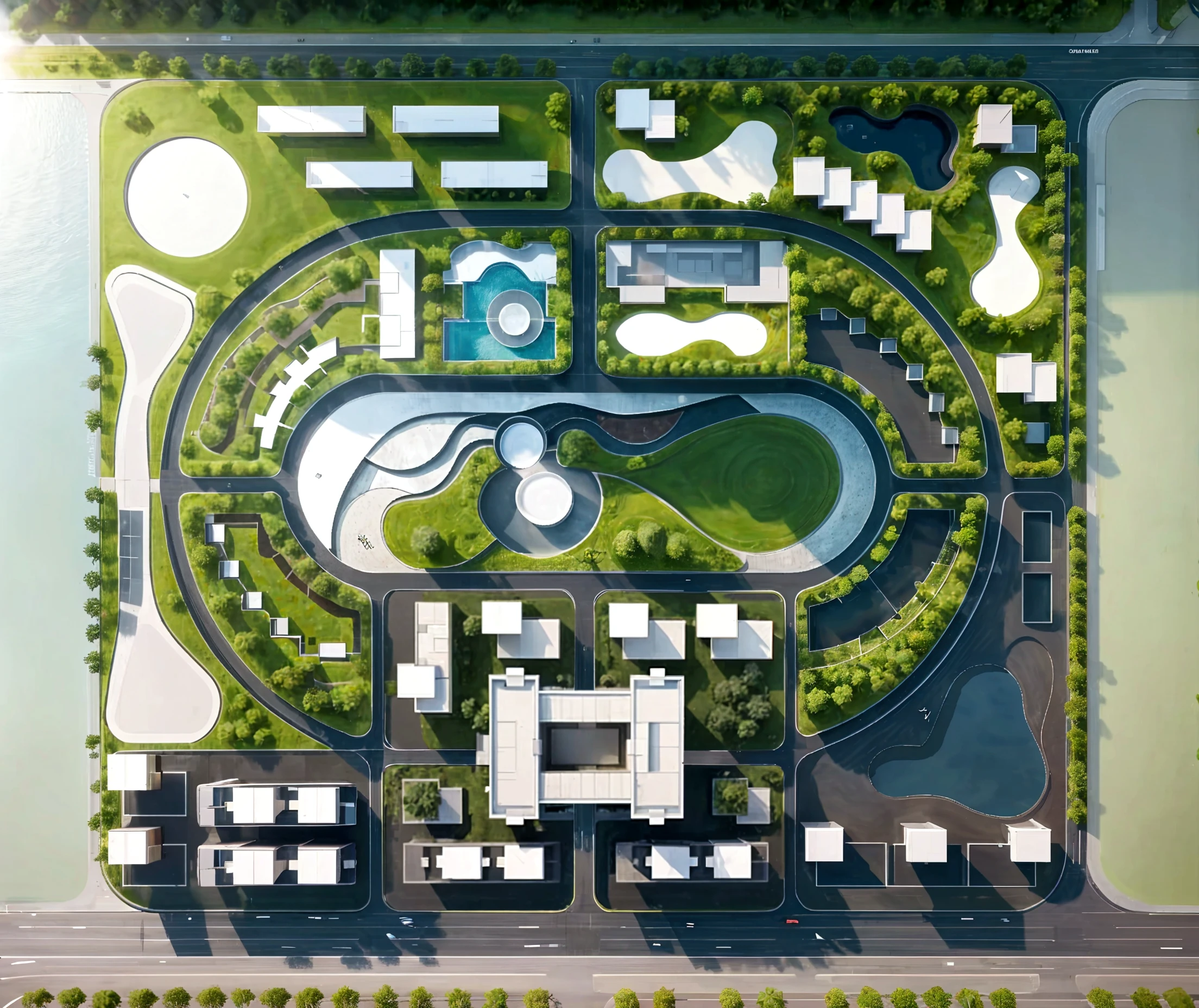 Aerial view of a city with a river and a park - SeaArt AI