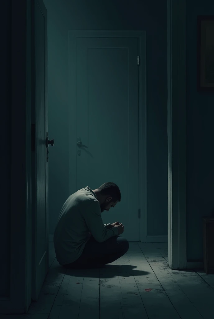 Animation of a man sitting alone in a corner of his room in the dark