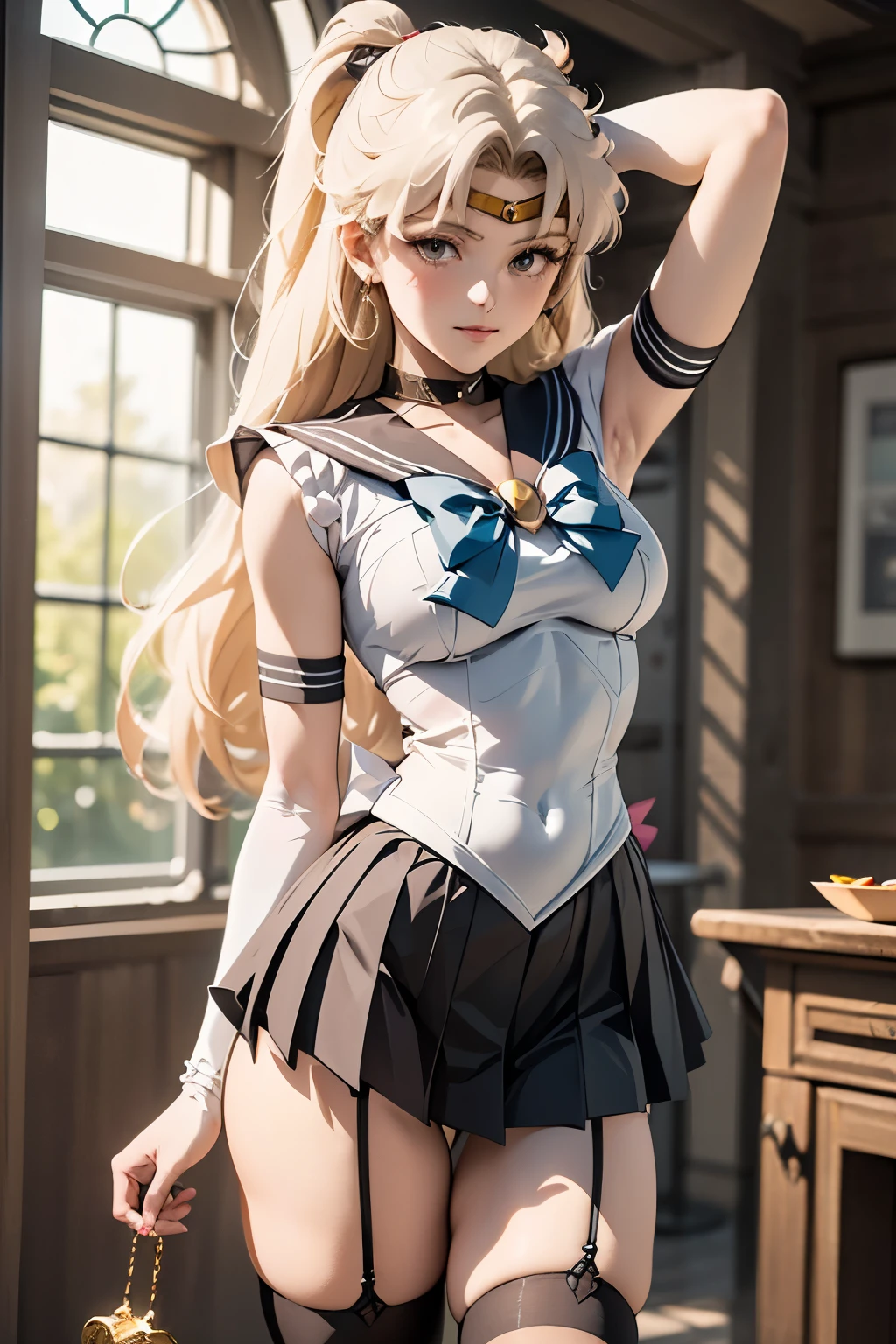 breathtaking 1girl, (sailor senshi uniform), . award-winning, professional, highly detailed, blonde hair, thigh highs, nsfw