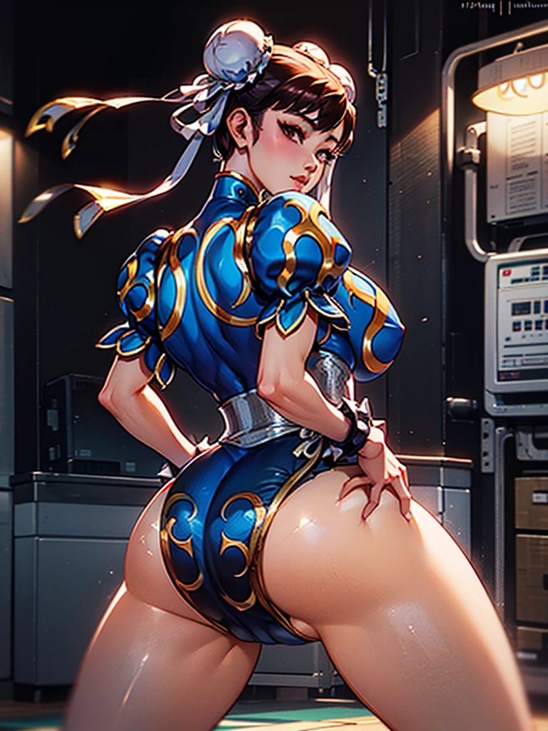 Mongolian Girl, 12, Chun Li Outfit, Leotard, (((Facing Backwards, left hand on buttocks)))