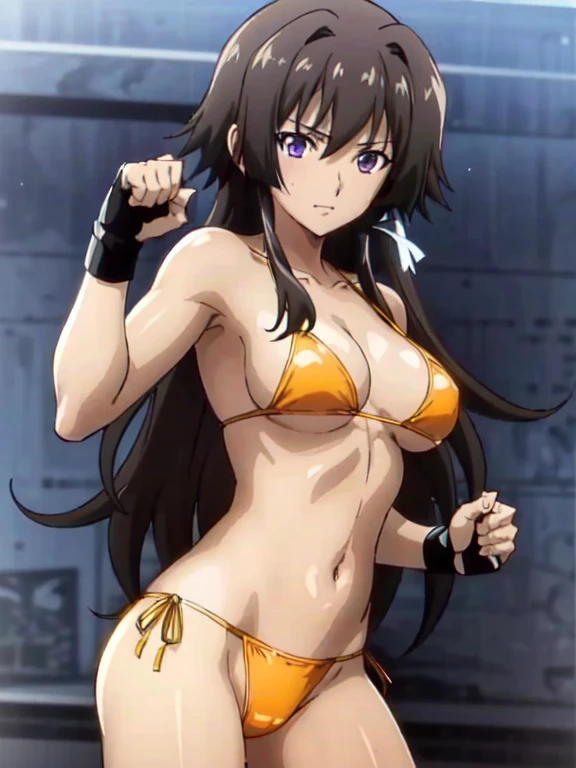 nsfw , Takamura Yui , (((highres official art))) , (((1girl))) , (((solo))) , black hair , long hair , purple eyes , confident  , standing , golden bikini, boxing gloves