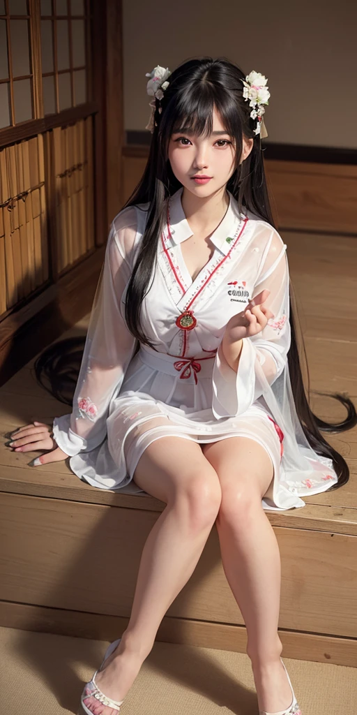 (Long lavender hair, Shining, reflective light,Light wind,Messy), (Purple eyes, vibrant, Glowing), fond violet,Sexy openwork cheongsam,Black tall stockings, Cinematic lighting