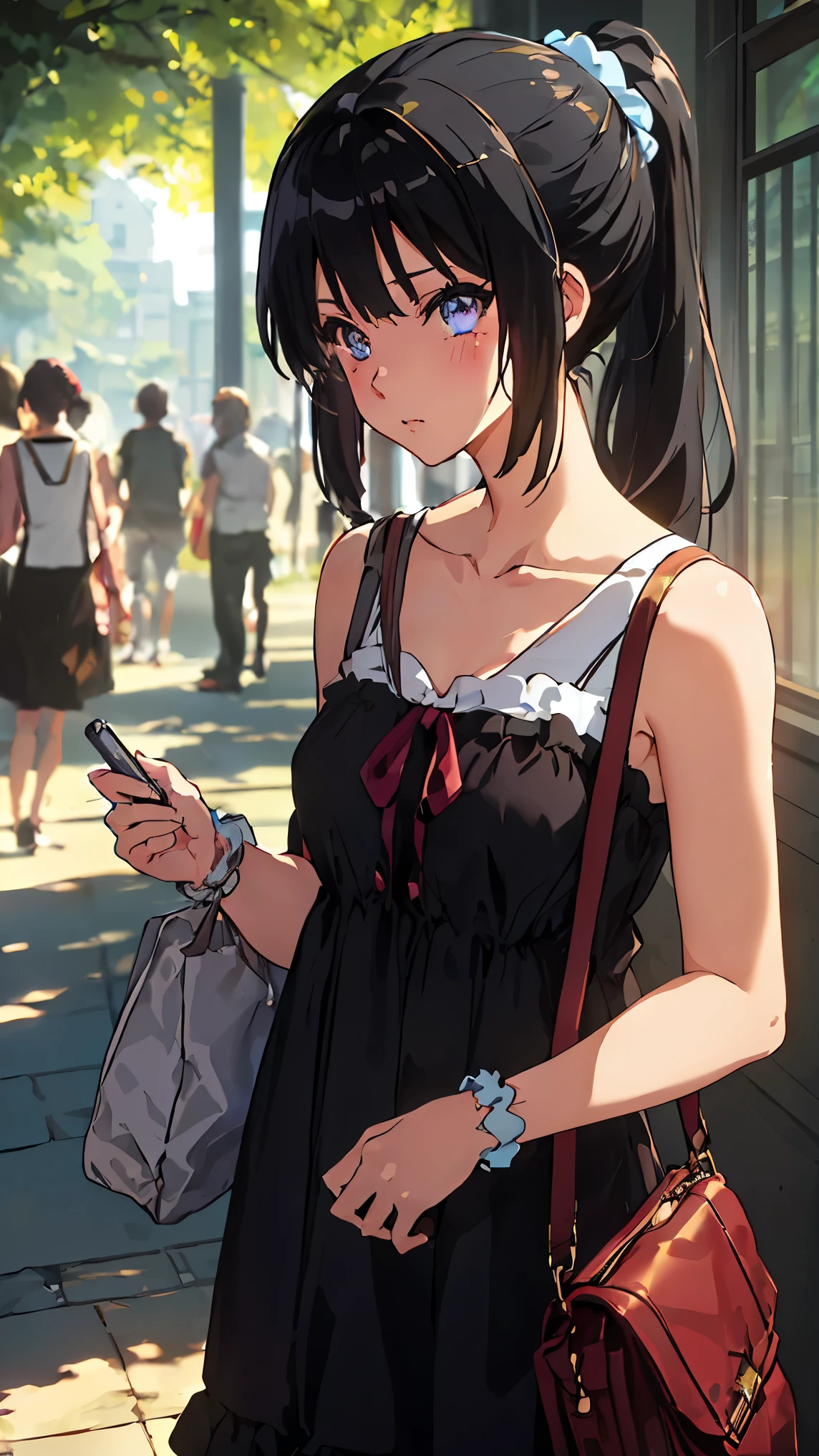 solo, {kousaka_reina_soundeuphonium:1.15}, black hair, long hair, purple eyes, blush, bangs, closed mouth, ponytail, 
BREAK (serafuku, bare shoulders, dress, sleeveless, collarbone, bag, handbag, scrunchie, sleeveless dress, 
:1.2)
BREAK (masterpiece:1.2), best quality, high resolution, unity 8k wallpaper, (illustration:0.8), (beautiful detailed eyes:1.6), extremely detailed face, perfect lighting, extremely detailed CG, (perfect hands, perfect anatomy),