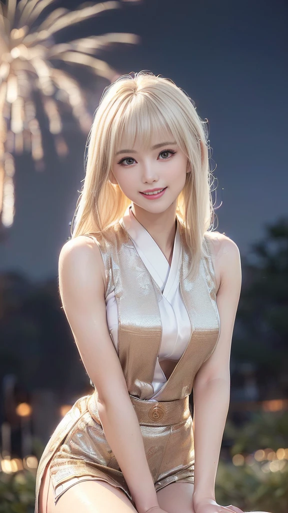 Cute white, cute, innocent, blonde 23 years old, ((thin)), (flat abs)), blush, (huge huge big: 1.4), (side boob), (under), pressed together, white skin, blue eyes, camisole, (((Asakusa)), Look at the camera, smile, fun, happiness, close-up, night, starry sky,