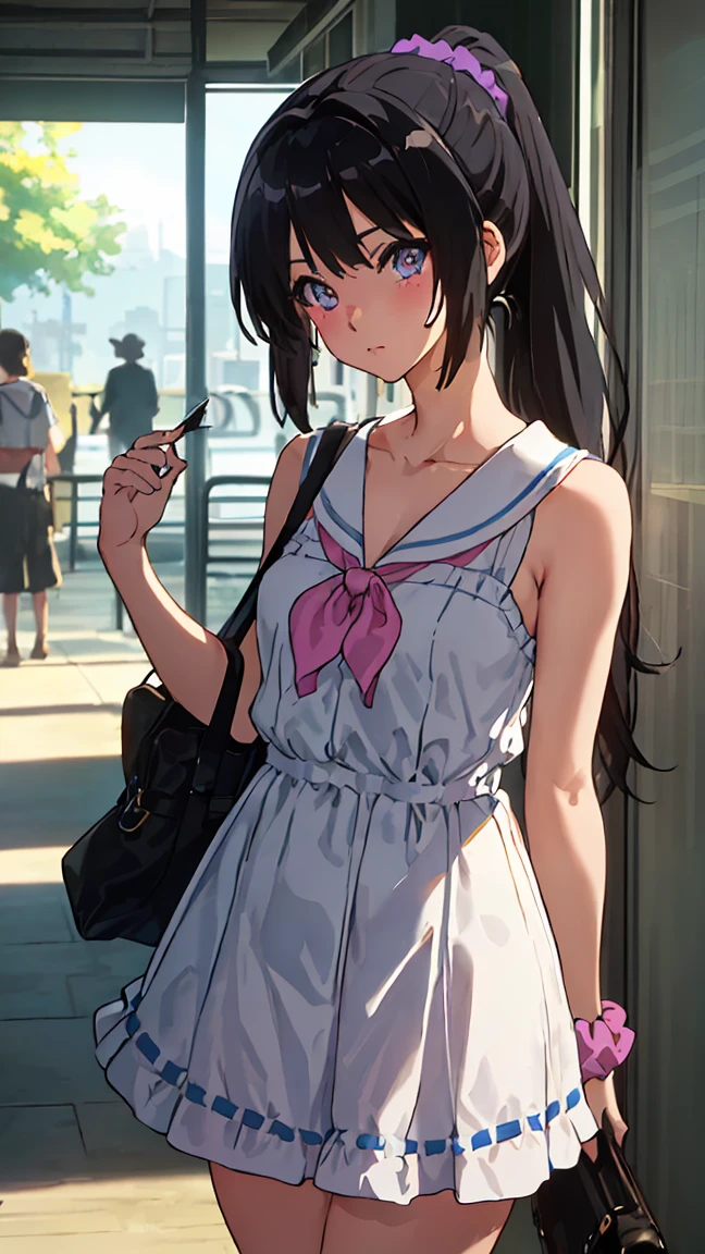 solo, {kousaka_reina_soundeuphonium:1.15}, black hair, long hair, purple eyes, blush, bangs, closed mouth, ponytail, 
BREAK (serafuku, bare shoulders, dress, sleeveless, collarbone, bag, handbag, scrunchie, sleeveless dress, 
:1.2)
BREAK looking at viewer, (cowboy shot:1.5),standing,pose, hand behind back,
BREAK (masterpiece:1.2), best quality, high resolution, unity 8k wallpaper, (illustration:0.8), (beautiful detailed eyes:1.6), extremely detailed face, perfect lighting, extremely detailed CG, (perfect hands, perfect anatomy),