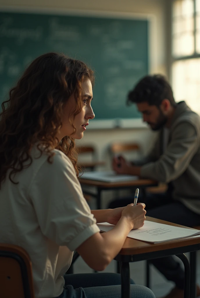 two young people (relaxed man and studious woman) 20 and 2 at school studying a little apart, old black and white image

