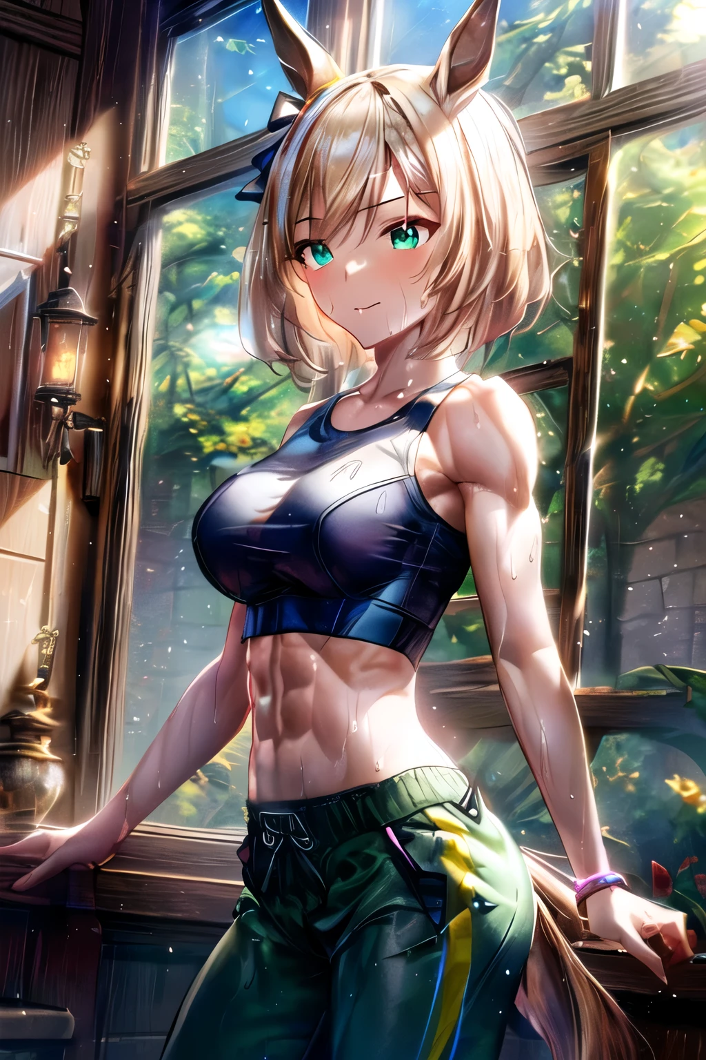 anime girl with a horse ears and a black top posing in front of a window, Healthy girl, seductive anime girl, anime style 4K 円, anime! 4K, anime! 4K 円, Muscular girl, attractive anime girl, Muscular!!, anime girls, badass anime 8 k, 4K anime wallpaper, smooth anime cg art, sweaty abs, Muscular!, a Muscular, Horse&#39;s ears, Horse tail, Green Eyes.