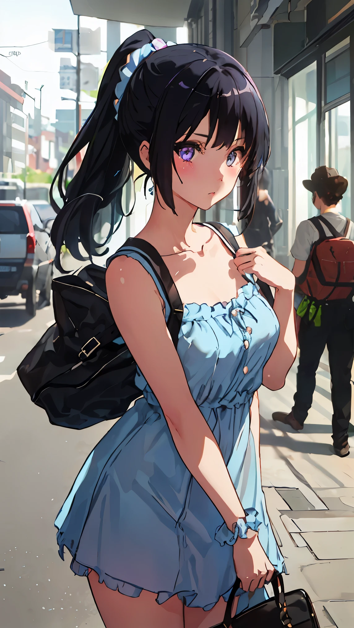 solo, {kousaka_reina_soundeuphonium:1.15}, black hair, long hair, purple eyes, blush, bangs, closed mouth, ponytail, 
BREAK (serafuku, bare shoulders, dress, sleeveless, collarbone, bag, handbag, scrunchie, sleeveless dress, 
:1.2)
BREAK looking at viewer, (cowboy shot:1.5),standing,pose, hand behind back,
BREAK (masterpiece:1.2), best quality, high resolution, unity 8k wallpaper, (illustration:0.8), (beautiful detailed eyes:1.6), extremely detailed face, perfect lighting, extremely detailed CG, (perfect hands, perfect anatomy),