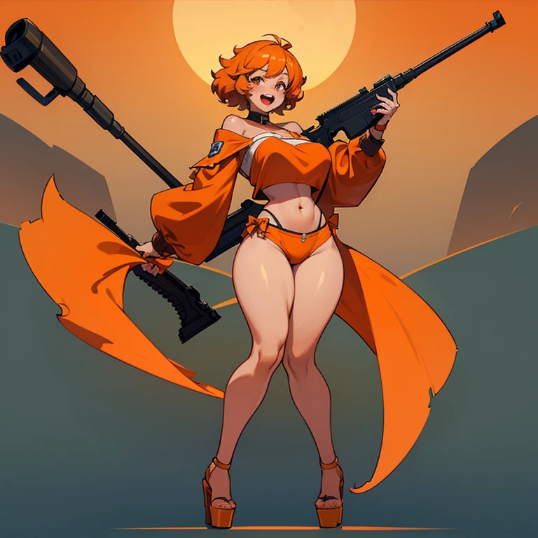 Red-haired girl, green eyes, pigtails, a wreath of horns on her head, a techno barbarian, a huge techno cannon in her hands, a huntress, bones on her body, insect plates, chitin, fur, small bones, light bones and red fur on her shoulders, dark leather stockings made of strips of cut leather on her legs, ropes and light bones on her body, thin panties, a small bra made of bones, bright red hair, Decorations made of horns, fur - a cannon. instead of panties, a rope, instead of a bra, bones and chitin, fur shoulder pads and with chitin, a tail of hair on the back of the head looks up, a short haircut, a high-tech cyberpunk gun, the girl has green eyes, a playful look, a good-natured smile, a neat nose, tight panties, tight thongs, mini underwear, leaky underwear, torn fabrics, a lot of torn fabrics, a lot of holes in fabrics, a gun with a monster's head, The barrel of the cannon in the form of a monster bursts out of its mouth flames. The girl has short hair, a tail at the back is short and looks up, fur shoulder pads, a jacket on the shoulders, a torn bra, the pubis is open, diagonal straps all over the body, powerful energy breaks out of the open barrel of the cannon, on the stomach there is a bird's skull, on the edges of the stockings there are vertebrae,