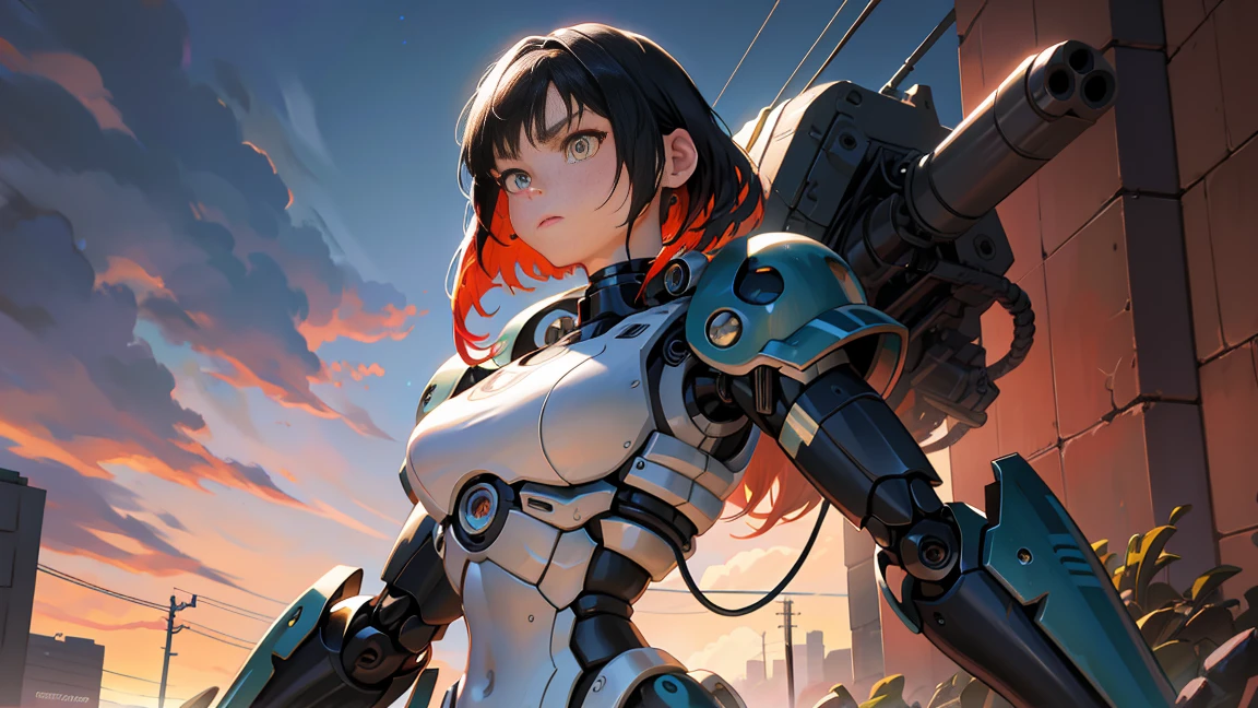 Science fiction, (work of art, best qualityer, ultra detaild), ((multicolored hair, Bblack hair, hair blue)), greeneyes, suffering, (1 girl:1.6), Dynamic lanes, swirly vibrant colors,  tecnology, manga influence, comic, handgun, Mechagirl, Full Armor, cables, extremely detailed wallpaper, ((mechanical members)), unexpressive, biomechanical, mecha