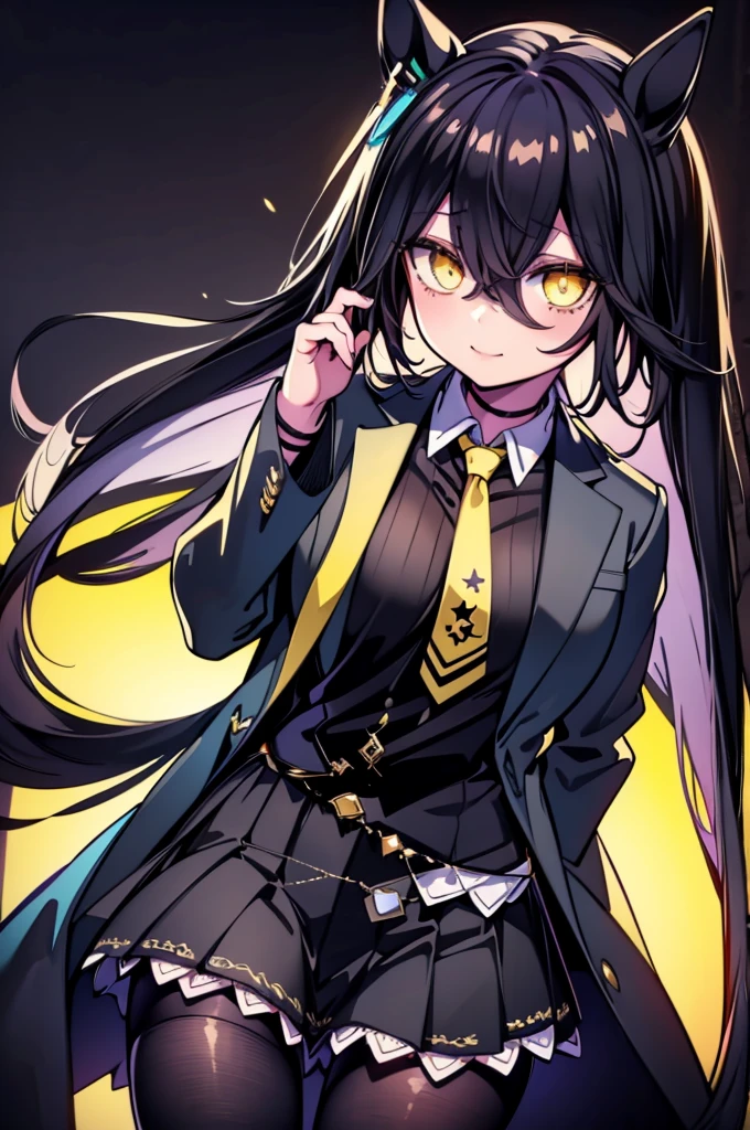 masterpiece, Highest quality:1.2), Manhattan Cafe(umamusume), One Woman, Mature Woman, alone,Glowing Skin、Yellow Eyes、Long black bangs between the eyes, Thick legs、Are standing、Cowboy Shot、smile、Black Skirt,Black Business Shirt、Yellow tie,Black jacket,pantyhose