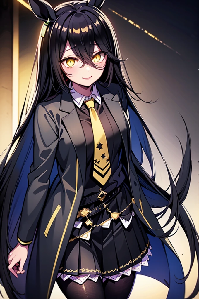 masterpiece, Highest quality:1.2), Manhattan Cafe(umamusume), One Woman, Mature Woman, alone,Glowing Skin、Yellow Eyes、Long black bangs between the eyes, Thick legs、Are standing、Cowboy Shot、smile、Black Skirt,Black Business Shirt、Yellow tie,Black jacket,pantyhose