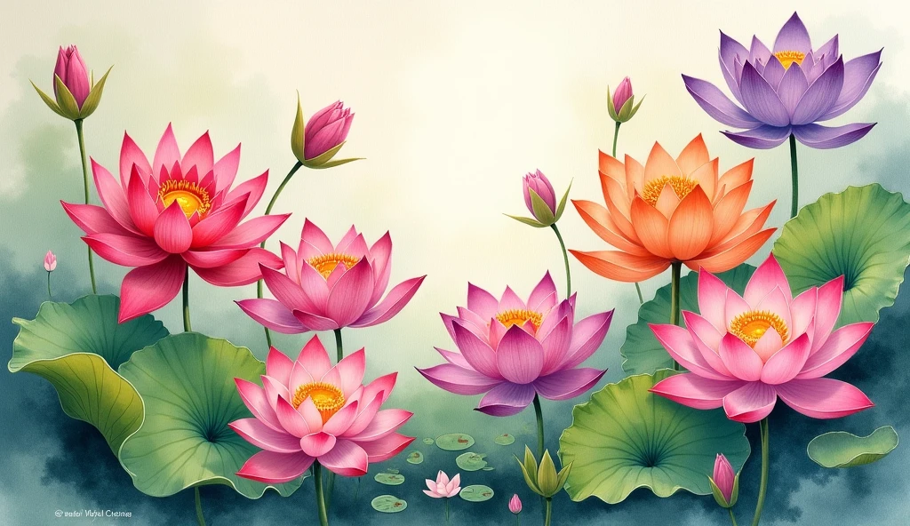 (masterpiece, best quality, high resolution), watercolor painting of colorful lotus flowers