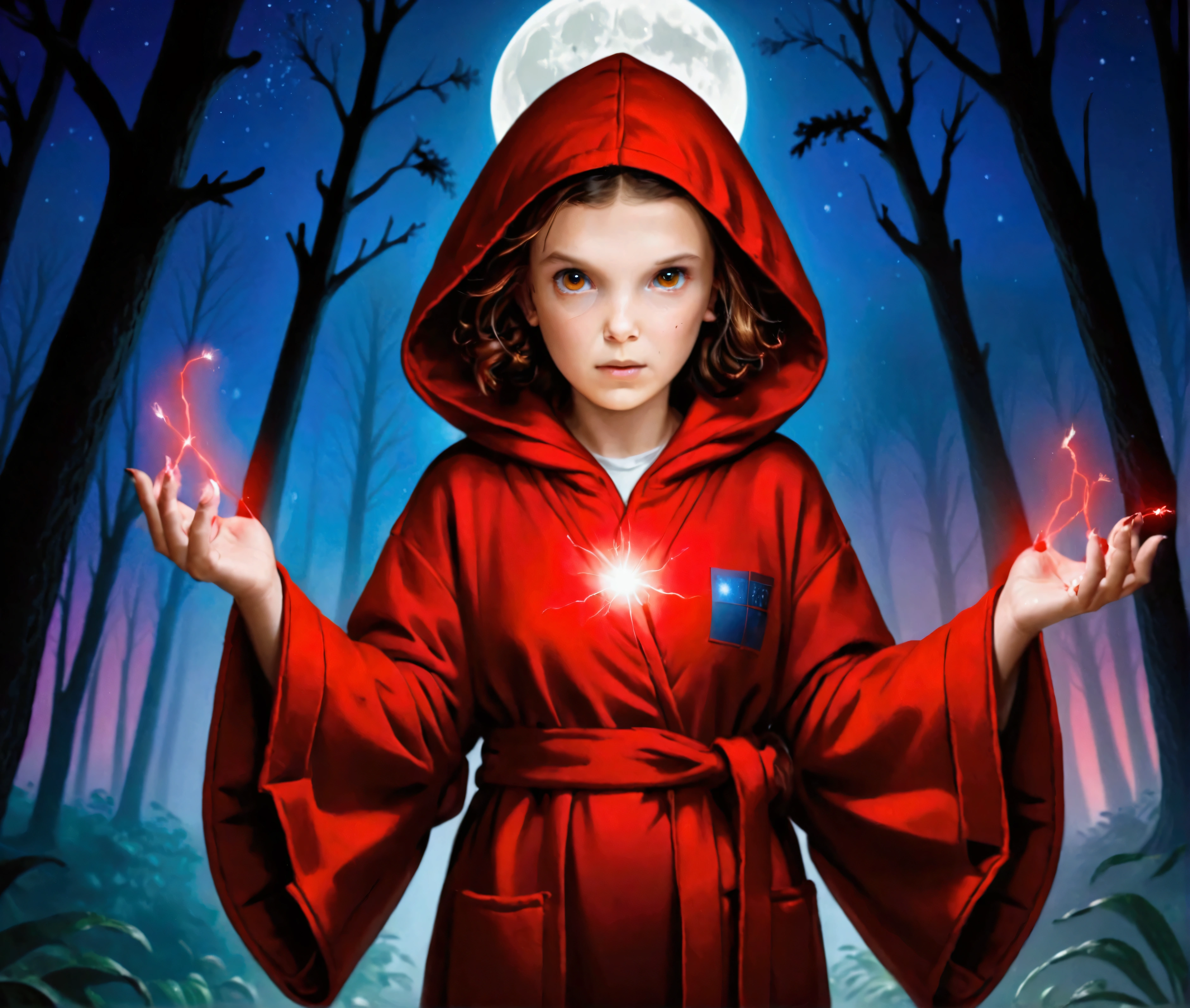 milli3 woman, millie bobby brown, 1 curious girl wearing red dark hooded silk robe and holding a magical plasma field in one hand, netflix, stranger things, eleven, in dark forest with full moon lit sky, shadow figure lurking behind trees, front view