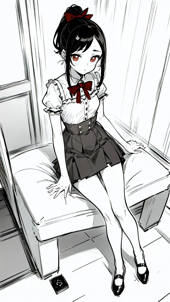 using pantimedies, wavy black hair, piercing look with deep red eyes, average stature, Silky hair with a ponytail hairstyle collected with a red bow with two white lines, with clothes, has a vagina, has breasts, cup of breasts, small breasts, slim, foreground, Session, sitting in her room, sitting on the floor of her room, wearing pantyhose, using pantimedies, Picardias, short skirt, shoes, blouse with straps 