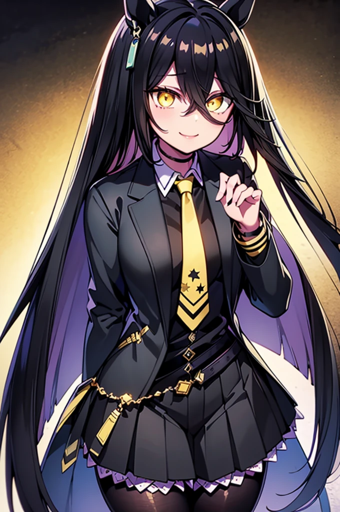 masterpiece, Highest quality:1.2), Manhattan Cafe(umamusume), One Woman, Mature Woman, alone,Glowing Skin、Yellow Eyes、Long black bangs between the eyes, Thick legs、Are standing、Cowboy Shot、smile、Black Skirt,Black Business Shirt、Yellow tie, Reflective black jacket,pantyhose