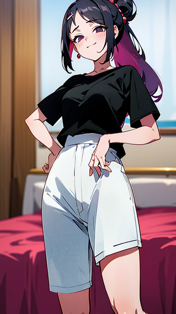 high quality, ultra detailed, masterpiece, realistic, 1girl, purple short hair, white t-shirt, black mini skirt, looking at viewer, from below view