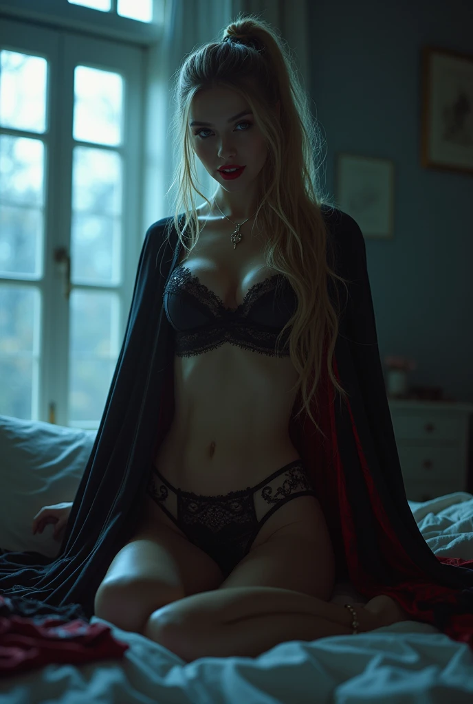 1 girl, Cynthia, Pokemon, blonde hair, long hair, grey eyes, soft, soft light, delicate, frills, (vagina), large breasts, exposed breasts, nipples, bed, (frilly), smirk, happy, excited, bows in hair, black frilly thighhighs, gold filigree, choker with bow, posing, midriff, exposed stomach, spread legs, ruffles, lipstick 