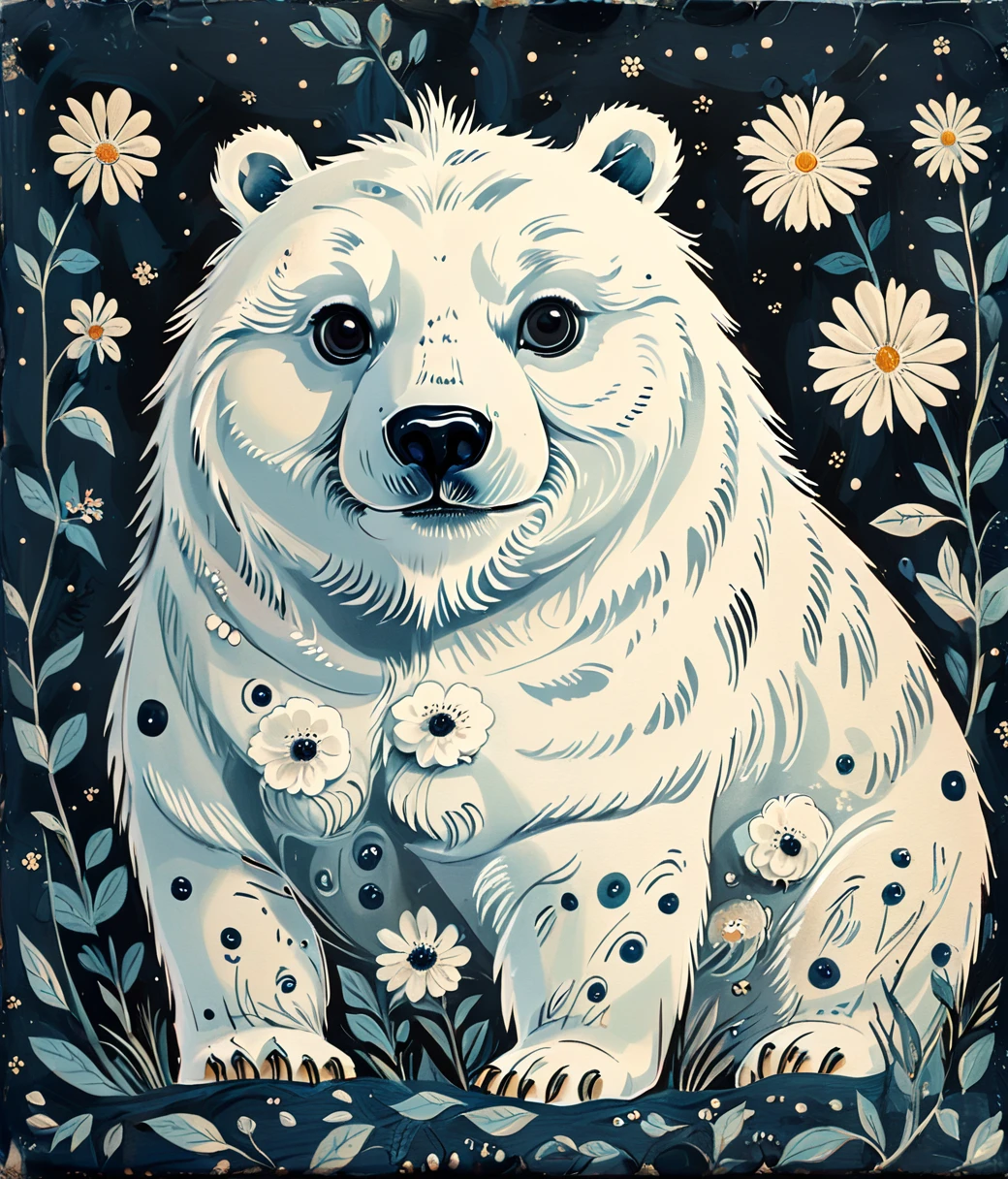 style of Rob Ryan, (cute, chubby, male, polar bear) hires textures, highly detailed, intricate details, best quality, masterpiece