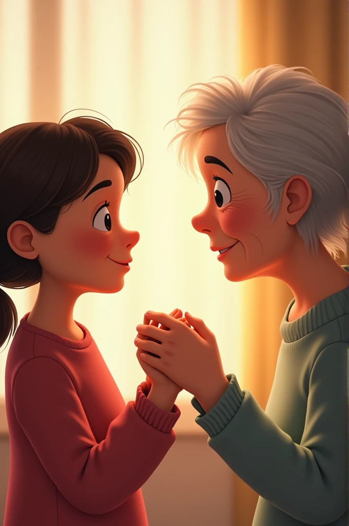 CRYING GIRL LOOKING AT HER MOTHER THROUGH THE WINDOW (cheered up)