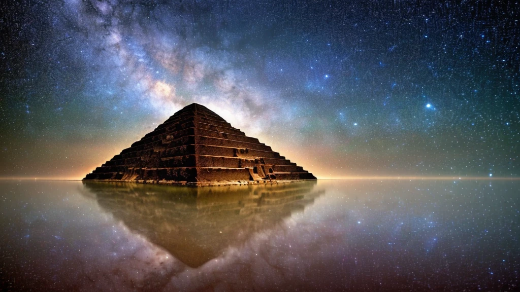 An ancient pyramid floating in an infinite universe. The stars on the pyramid are sparse. masterpiece, sharp, Ultra Detailed, 8K,Cyberspace Soldier, Angle View, Top quality, dim, (High detail background:1.2),(Highly detailed characters:1.2), Digital SLR Camera, Soft lighting, high quality, Film Grain, Fuji XT3, Intricate details,