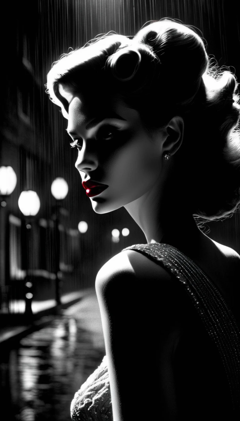 masterpiece, best quality, dress, detailed face, eyes, lips, soft makeup, cleavage, small breasts, noir, monochrobe, black&white, street, night, moon, femme fatele, red lipstick, brunette, raven hair, hips, waist