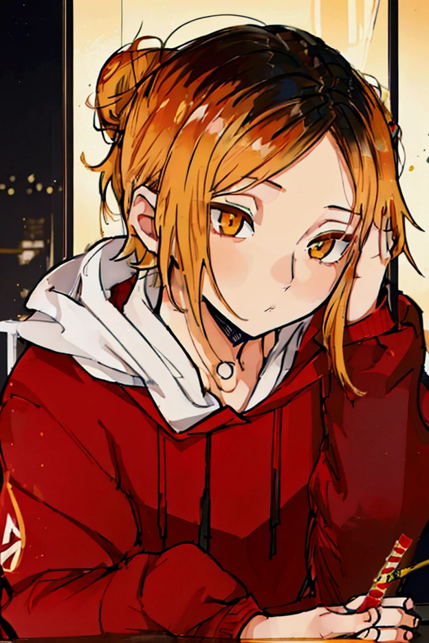 a girl in a big red hoodie, long messy bun hair, beautiful golden eyes, cute anime portrait, masterpiece, hyper detailed, 8k, photorealistic, dramatic lighting, warm color tones, intricate details, art by artgerm, art by ross tran, art by sakimichan