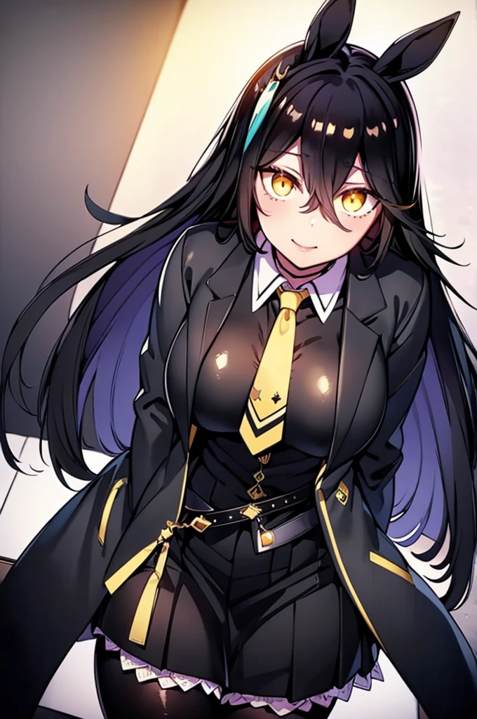 masterpiece, Highest quality:1.2), Manhattan Cafe(umamusume), One Woman, Mature Woman, alone,Glowing Skin, Yellow Eyes, Long black bangs between the eyes, Large Breasts, Thick legs, Are standing, Cowboy Shot, smile, Black Skirt, Black Business Shirt, Yellow tie, Black jacket, pantyhose