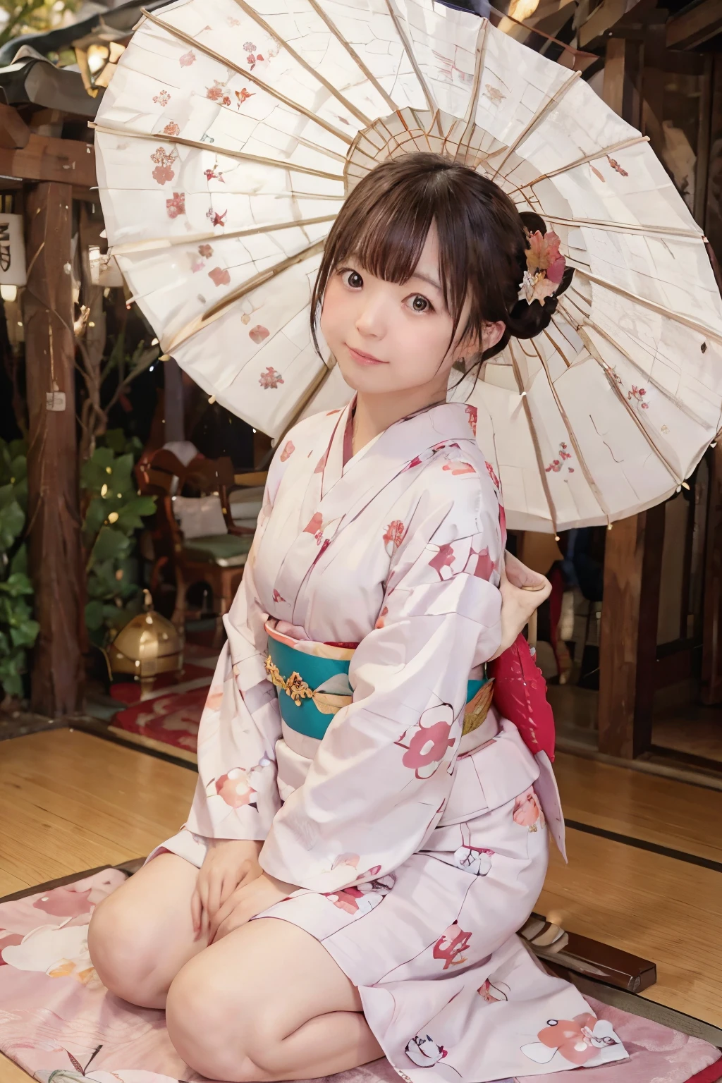 8K, RAW Photo, Best Quality, Masterpiece, Realistic, PhotoRealistic, Extremely Detailed 8K Wallpaper, Beautifully Detailed Eyes, Finely Detailed Face, 
 BREAK 
Cinematic Lighting, 
 BREAK 
Light Raining Temple, [Light Purple Dusk], 
 BREAK 
5 Beautiful Thin Finger:1.0, Perfectly Anatomically Correct:1.0, 
 BREAK 
1 Girl Kneeling, (wearing kimono_clothes, holding umbrella), 
Symmetrical Chocolate Colored Clear Eyes:1.0, Captivating Eye Reflections:1.0, 
Very Short Hair Bun:1.2, Kawaii, Open Mouse, 
[Smiling, 
Wide-Set Eyes, Tareme, Embarrassed, Blush, (Round Face, Round Chin), 
Brown Hair, High-teen, White Skinned, [Pouted Cheek]], 
Looking Up Viewer, 
[Cleavage, Curvy Thighs], 
[Upward Facing Small Breasts:1.0], [Medium Buttocks Upturned:1.0, Beautiful Ideal Spherical Shape Buttocks:1.0], 
 BREAK 
SFW:1.0, 
 BREAK 
(from Left Side:1.0, from Bellow:1.2), Bokeh:1.4