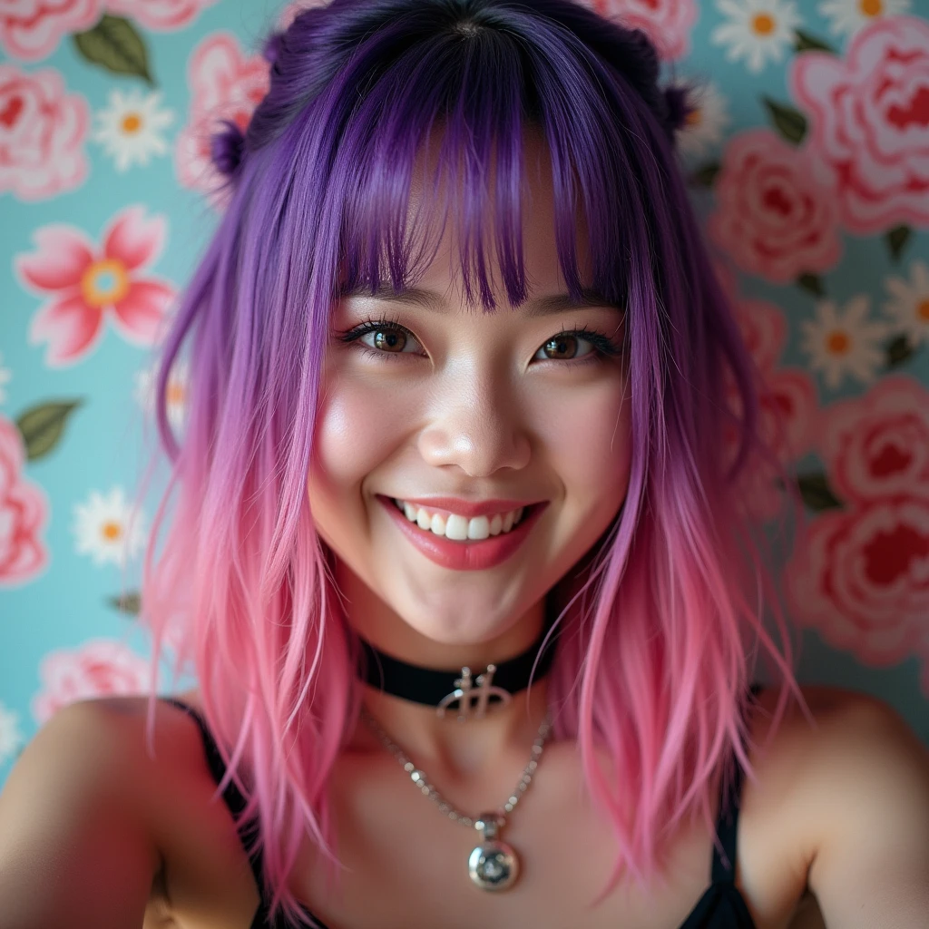 (best quality), 1girl, Female, white skin, asian, purple hair, pink streaked hair, side ponytail, hime bangs, purple eyes, perfect eyes, makeup, black mascara, heart necklace, smile, slender, small bust, masterpiece, anatomically correct, highres
