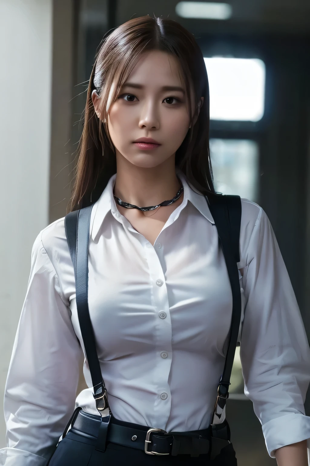 a woman in a suit, belt, hands behind back, sweating, suspenders, black pants, sexly, large breasts, see-through clothing, rain, detective, office worker, white button-up shirt, (best quality,4K,8k,highres,masterpiece:1.2),ultra-detailed,(realistic,photorealistic,photo-realistic:1.37),hyper-detailed,highly detailed face and body, Slender　thin　suspenders　Moderate breasts　See-through shirt　Nipples　holster　chain　Pistol　Armament　criminal　Female criminal　knife 　