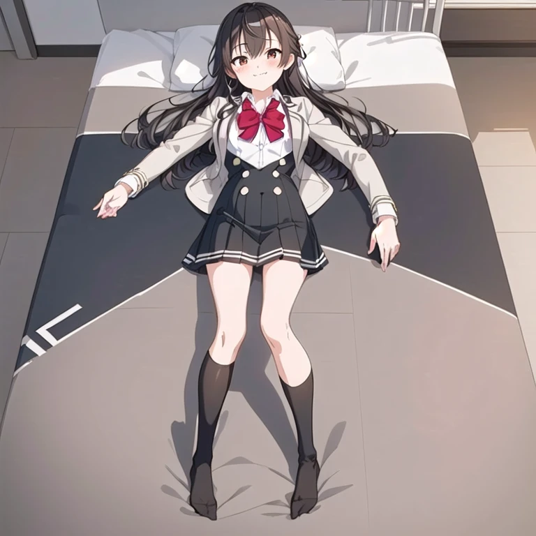 ((((full body shot)))),masterpiece:1.2), Highest quality,((((High resolution)))), unity 8k wallpaper, (shape:0.8), ((((Highly detailed face)))), Perfect lighting, (((Extremely detailed CG))),(((One girl))), bangs, Black Hair,Blurred, Blurred background, blush, bow, bowtie, Brown eyes, Brown Hair, Bush, Collared shirt, Depth of written boundary, dress, Eyebrows visible through hair, Flesh-colored jacket, Long Hair, Long sleeve, Open clothes, open jacket, red bow, red bowtie, school uniform, ((White shirt)), skirt,  smile, very Long Hair,((Knee-high socks)),(((Black socks))),(Black vest),((((On the bed)))),(((((Lying on your back))))),((From above))