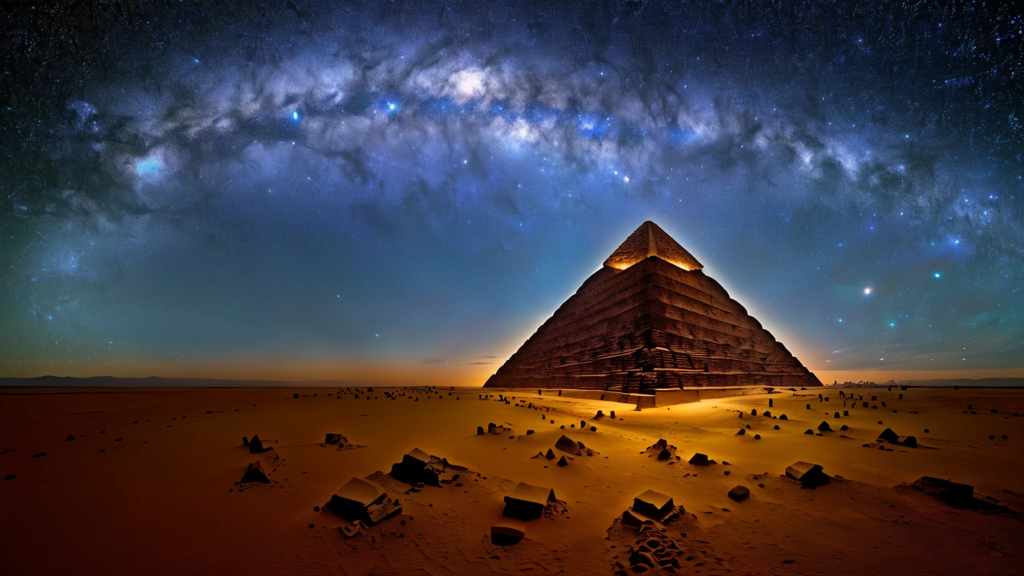 An ancient pyramid floating in an infinite universe. The stars on the pyramid are sparse. masterpiece, sharp, Ultra Detailed, 8K,Cyberspace Soldier, Angle View, Top quality, dim, (High detail background:1.2),(Highly detailed characters:1.2), Digital SLR Camera, Soft lighting, high quality, Film Grain, Fuji XT3, Intricate details,