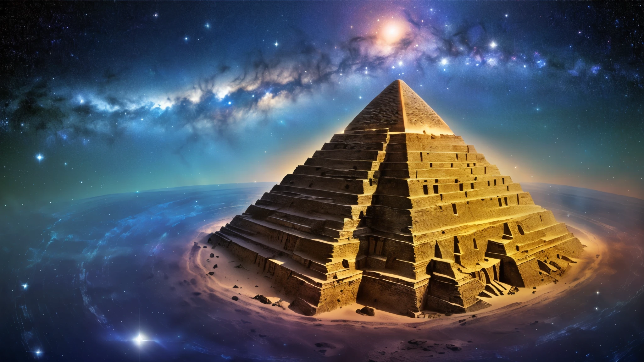 An ancient pyramid floating in an infinite universe. The stars on the pyramid are sparse. masterpiece, sharp, Ultra Detailed, 8K,Cyberspace Soldier, Angle View, Top quality, dim, (High detail background:1.2),(Highly detailed characters:1.2), Digital SLR Camera, Soft lighting, high quality, Film Grain, Fuji XT3, Intricate details,