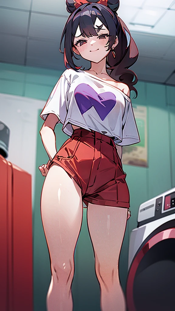 high tail hairstyle, Ponytail hairstyle, Long wavy black hair, standing posing, anime girl style, pixel art anime style,penetrating look with deep eyes,red and purple eyes, hair with a ponytail hairstyle trapped with a big red bun, Women, red hair clips, x color shaped hair clips , smiling face blush, next to his bed, lingerie, Tank Top, Black hair, mini skirt, big thighs,
