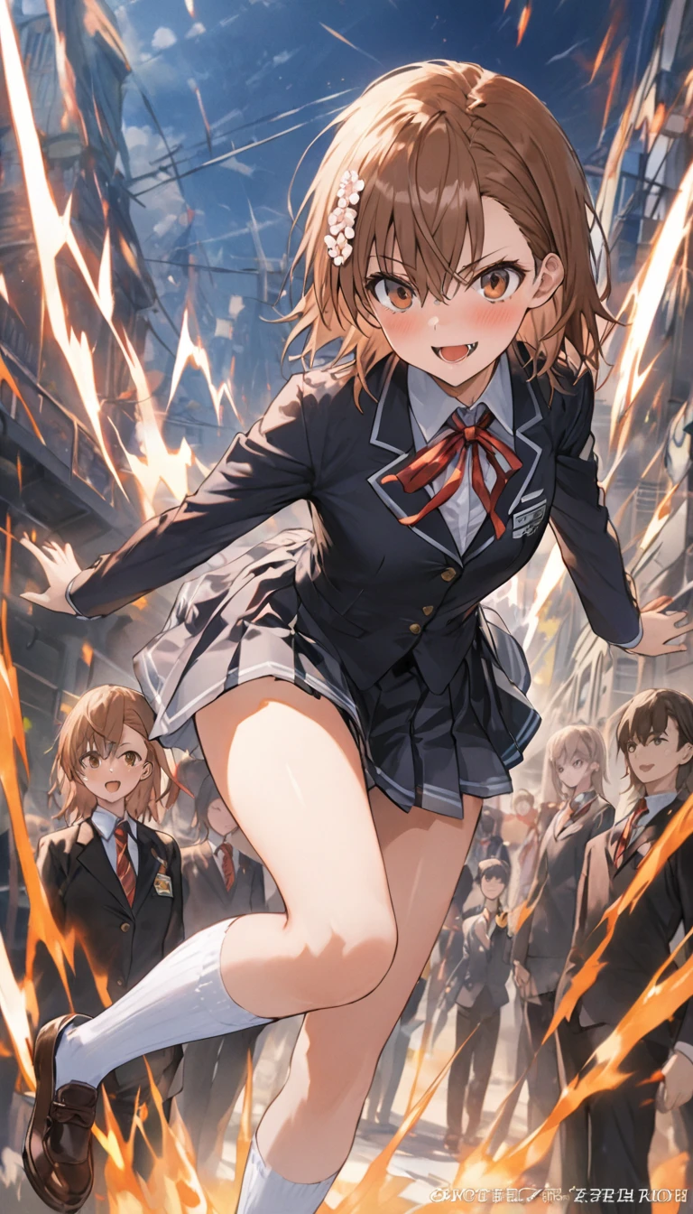 masterpiece、highest quality、Ultra-high resolution、Maximum resolution、Very detailed、Professional Lighting、anime、woman、thin、so beautiful、high school girl、blazer、Has a submachine gun、Mischievous、Reddish brown hair、Short Hair、Earrings、Fingerless Gloves、Beautiful eyes、Gloss Lip、Tactical Boots、Equipped with transparent orange shooting glasses、Equipped with a chest rig、Standing alone on the battlefield、Aggressive pose、Acrobatic movements