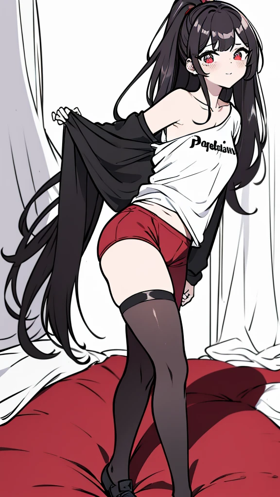 Demoness girl, dark body color, black hair, long hair, red eyes, glowing eyes, small horns, ideal figure, chest 90, waist 60, hips 60, demonic tail, ((looking down at the viewer)), perspective, bottom view up, dark jacket, skirt, lifts the skirt with his hands, panties are visible, panties fit the vagina, detailed vagina under the panties, sinister smile, plain background, background of one color, white outline around the character