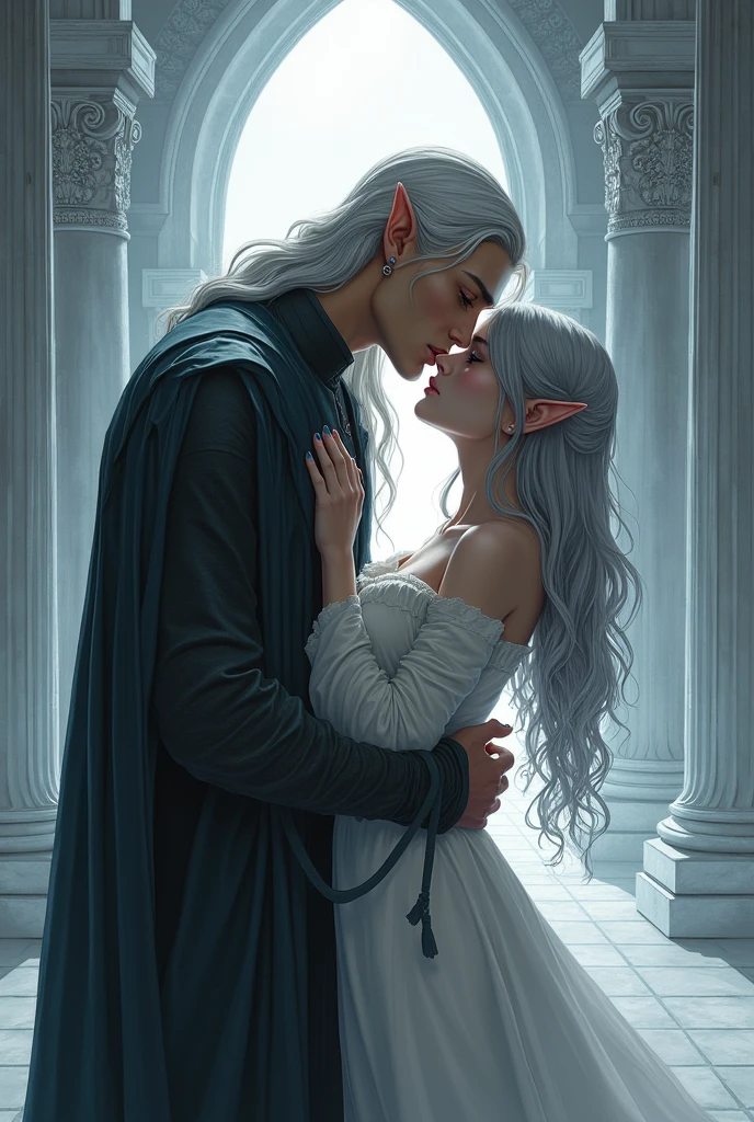 A handsome young man with dark brown hair and blue eyes dressed in a medieval noble costume is stretching out his arm to embrace a beautiful elf girl with silver hair and blue eyes wearing a luxurious dress and jewelry, amidst the moonlight in a garden.